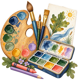 Watercolor art supplies and painted oak leaves