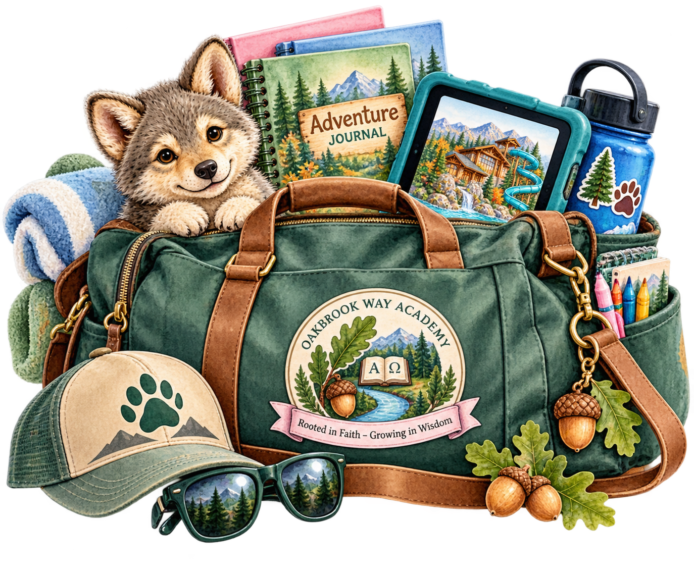 Watercolor OakBrook Way Academy adventure bag with wolf pup, journal, tablet, books, and travel essentials