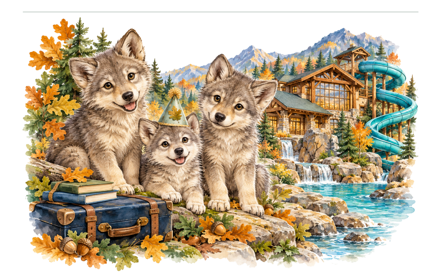 Three watercolor wolf pups beside a woodland lodge, mountain stream, autumn leaves, and turquoise waterslides