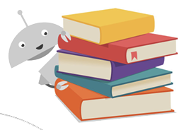 Stack of colorful books with a friendly robot reader
