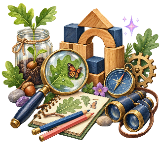 Watercolor discovery supplies with binoculars, blocks, and a nature notebook