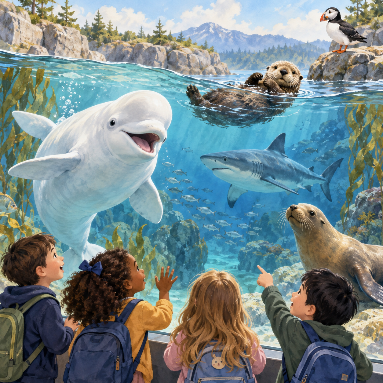 Watercolor aquarium scene with children observing ocean animals in a kelp habitat