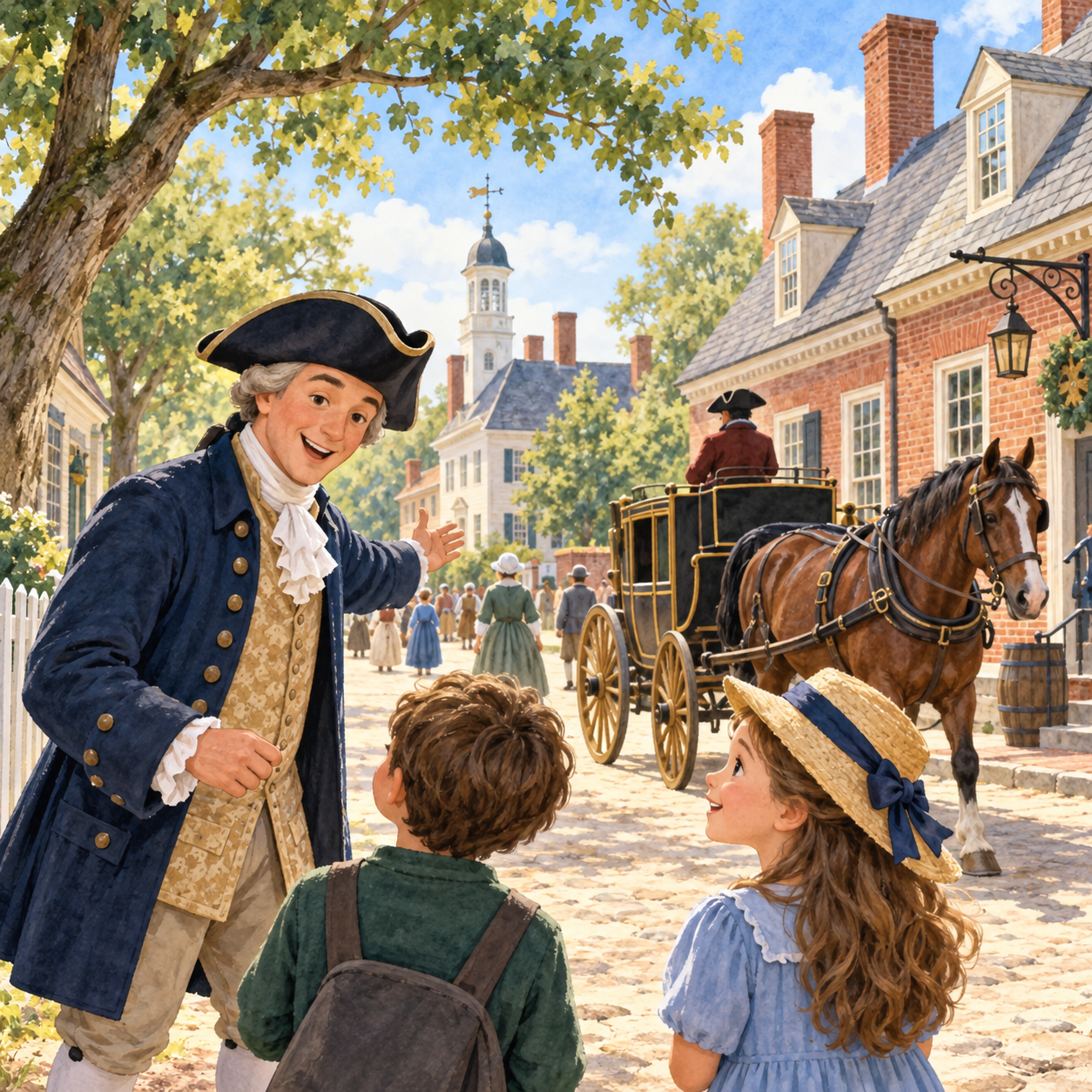 Watercolor Colonial Williamsburg street with historic buildings and a horse-drawn carriage