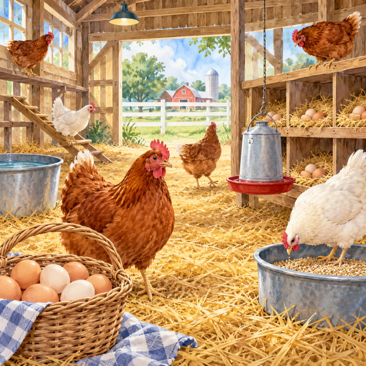 Watercolor egg farm with hens, nests, eggs, and a collection basket