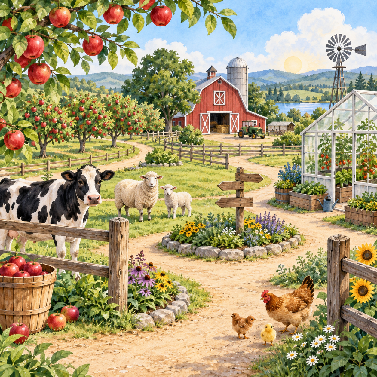 Watercolor farm scene with an orchard, barn, greenhouse, cows, sheep, and chickens