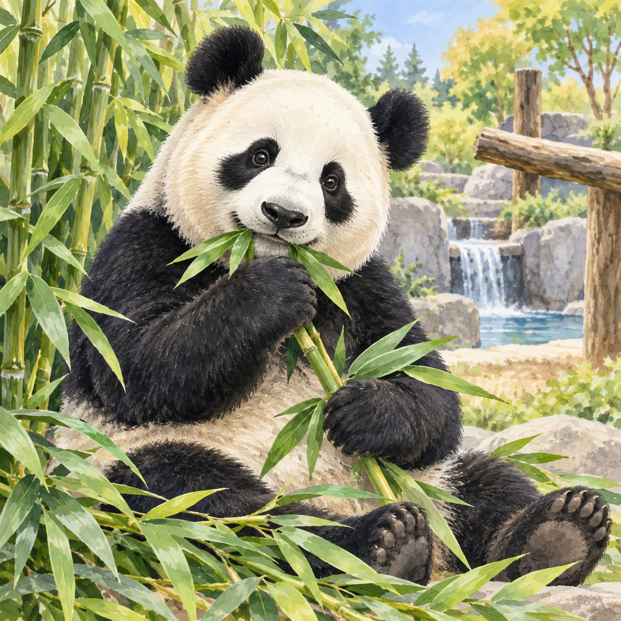 Watercolor giant panda resting among leafy bamboo