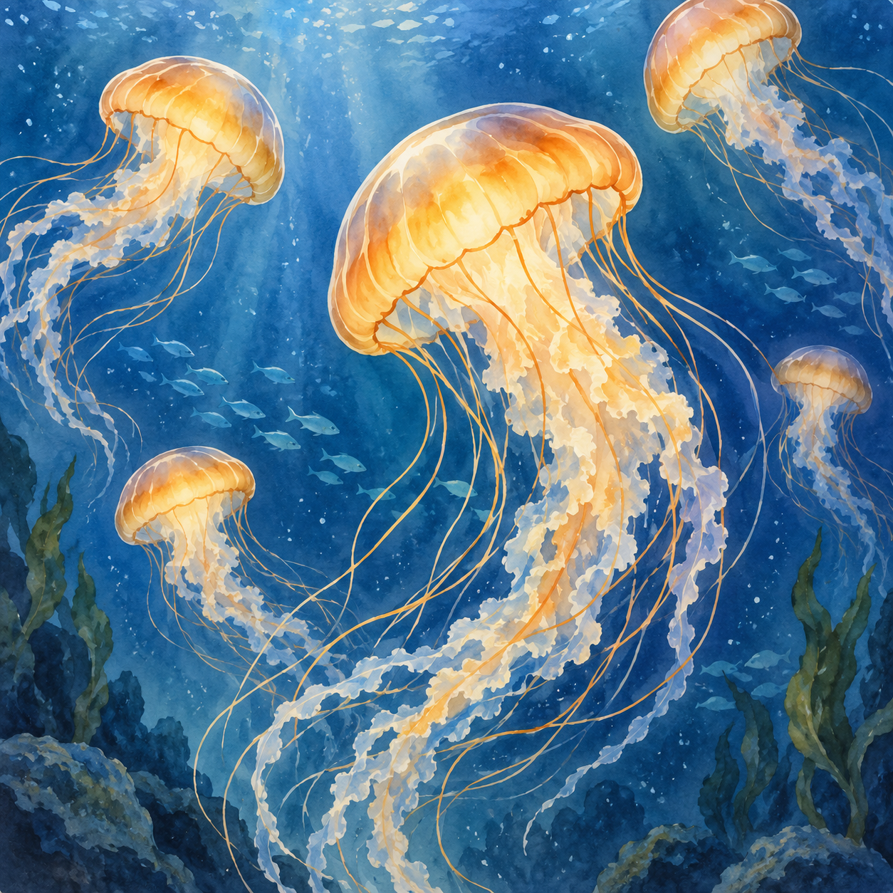 Watercolor sea nettle jellyfish drifting through deep blue water