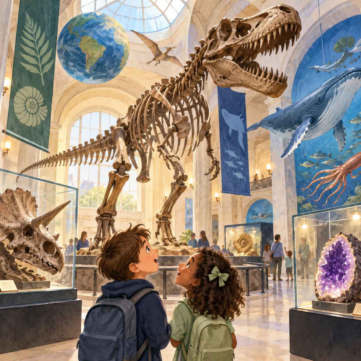 Watercolor natural history museum with dinosaur fossils, ocean exhibits, minerals, and young visitors