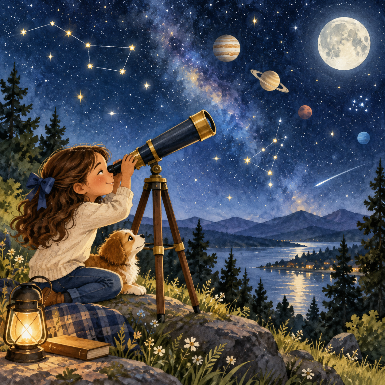 Watercolor night sky with the Moon and stars