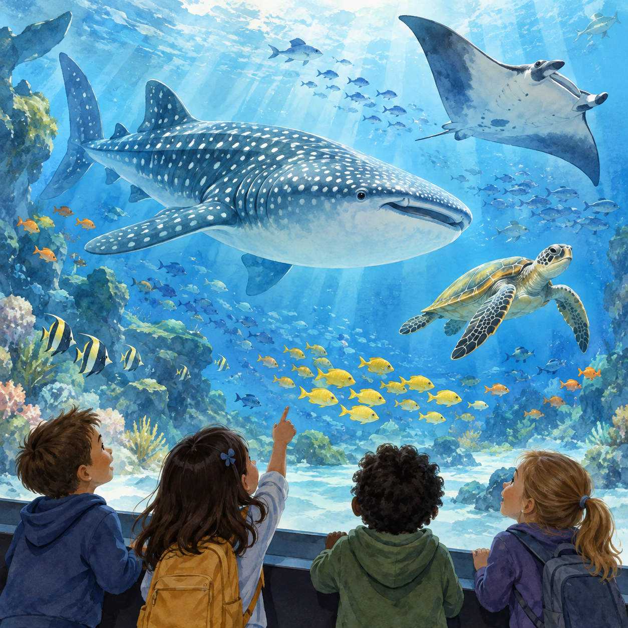 Watercolor aquarium scene with a whale shark, manta ray, sea turtle, and colorful fish