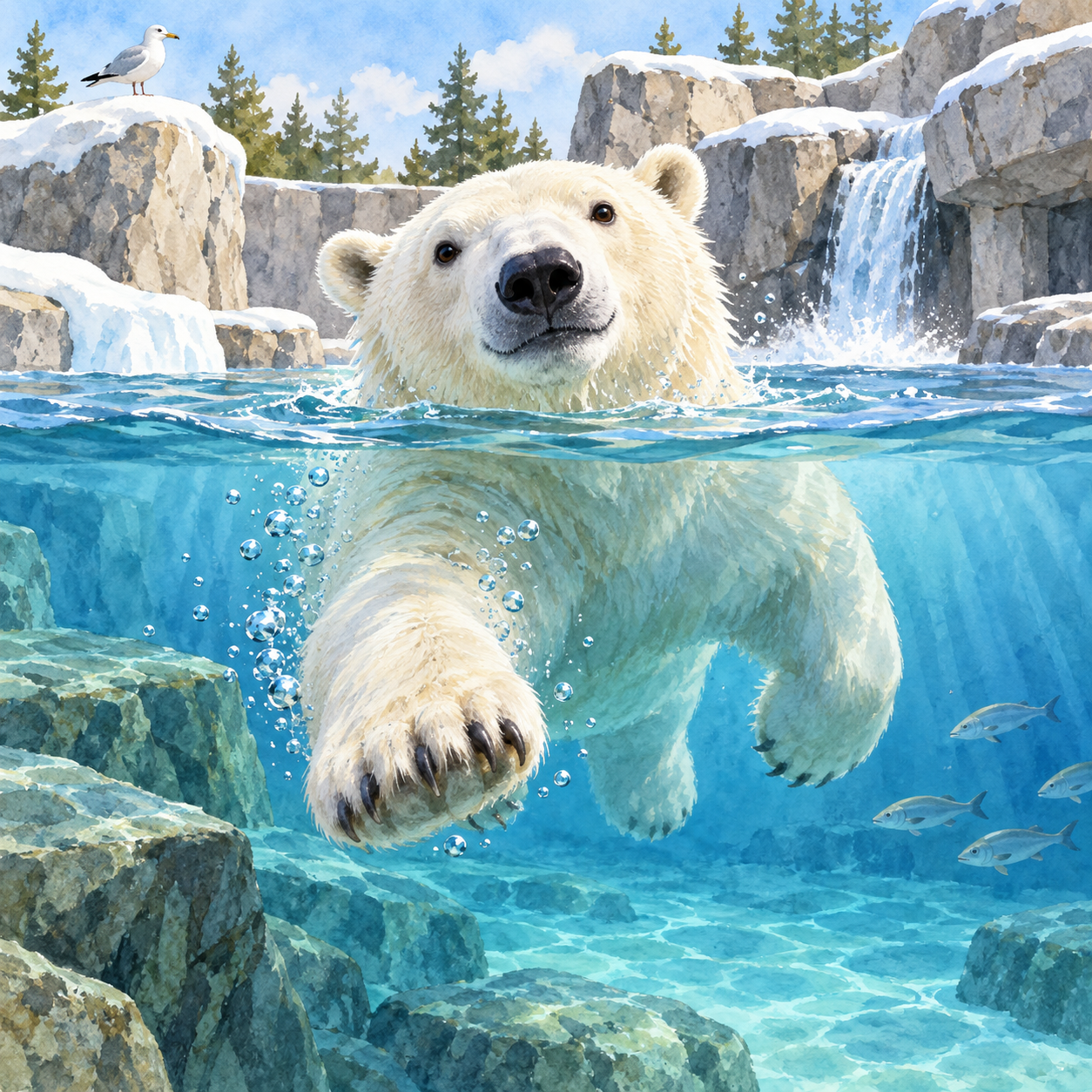 Watercolor polar bear swimming and playing beside icy rocks