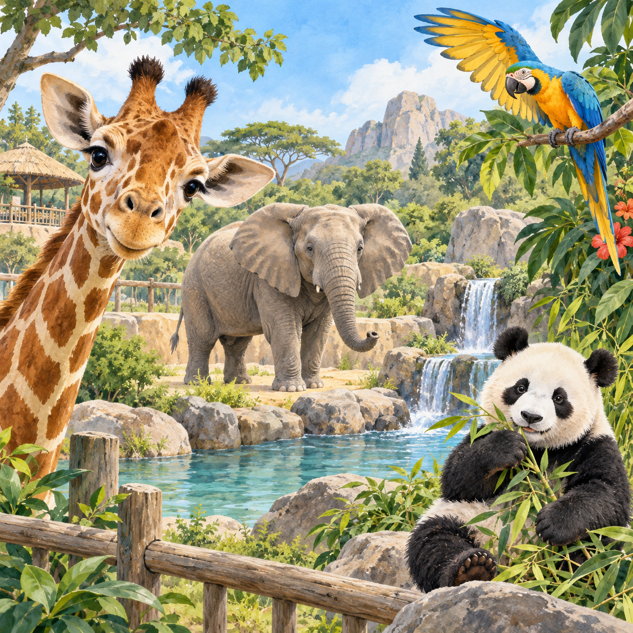 Watercolor zoo scene with a giraffe, elephant, panda, and tropical bird