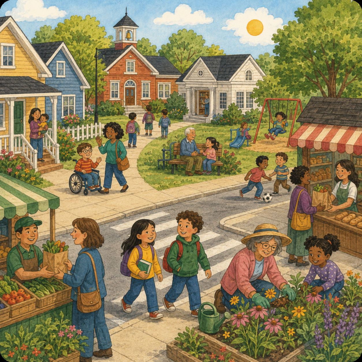 Watercolor community scene with children, families, neighbors, and community helpers