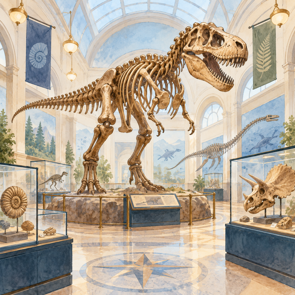 Watercolor natural history museum featuring a large dinosaur skeleton and fossil displays