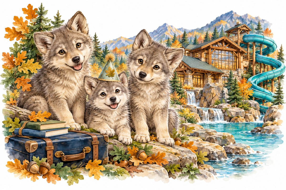 Three watercolor wolf cubs beside a mountain lodge, autumn leaves and a blue waterslide