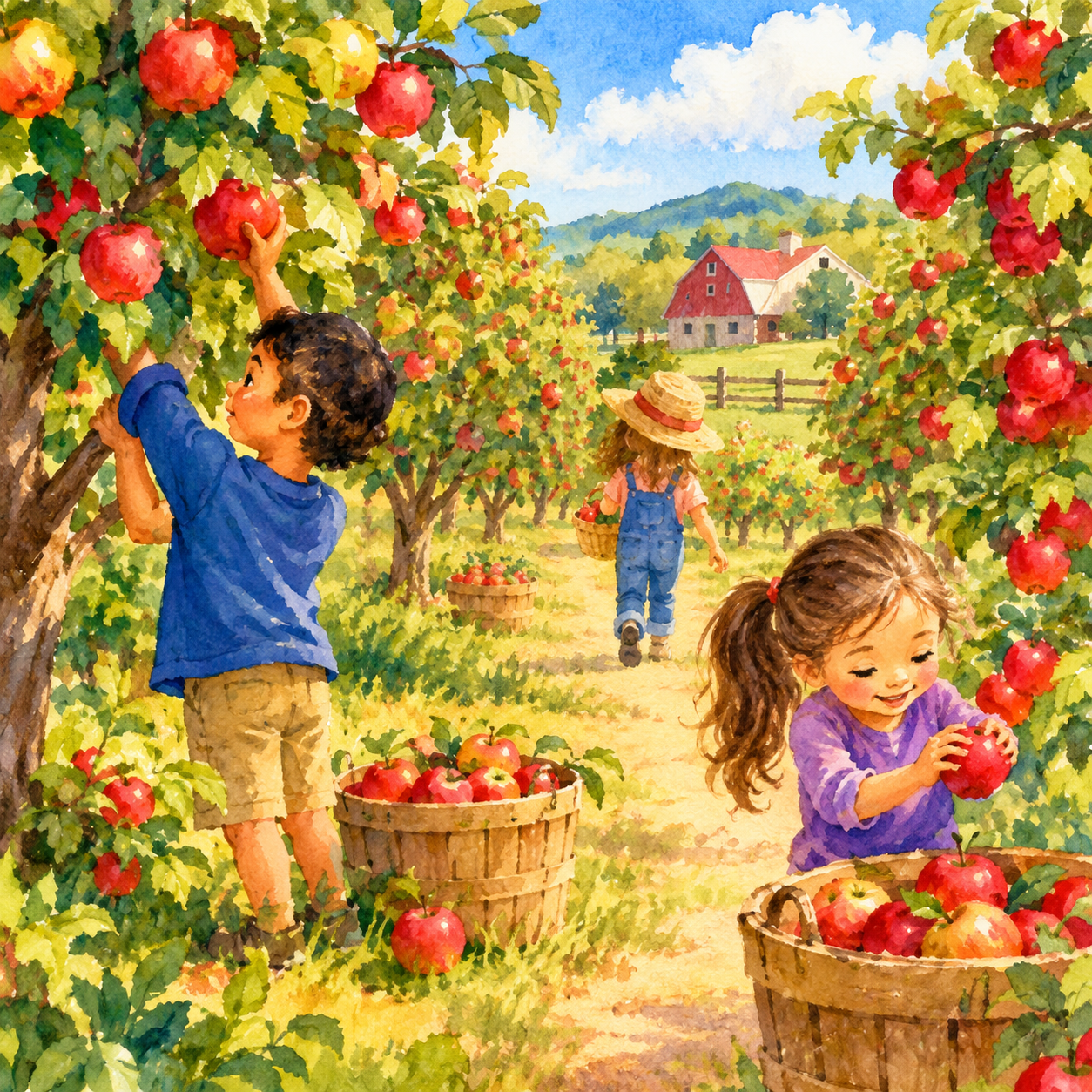 Children gathering apples in a sunny orchard