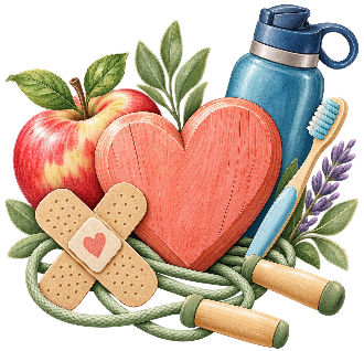Watercolor apples, heart, water bottle, bandage, and jump rope