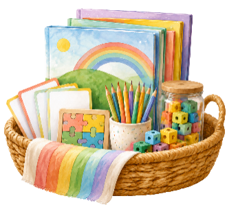 Basket filled with colorful independent learning activities