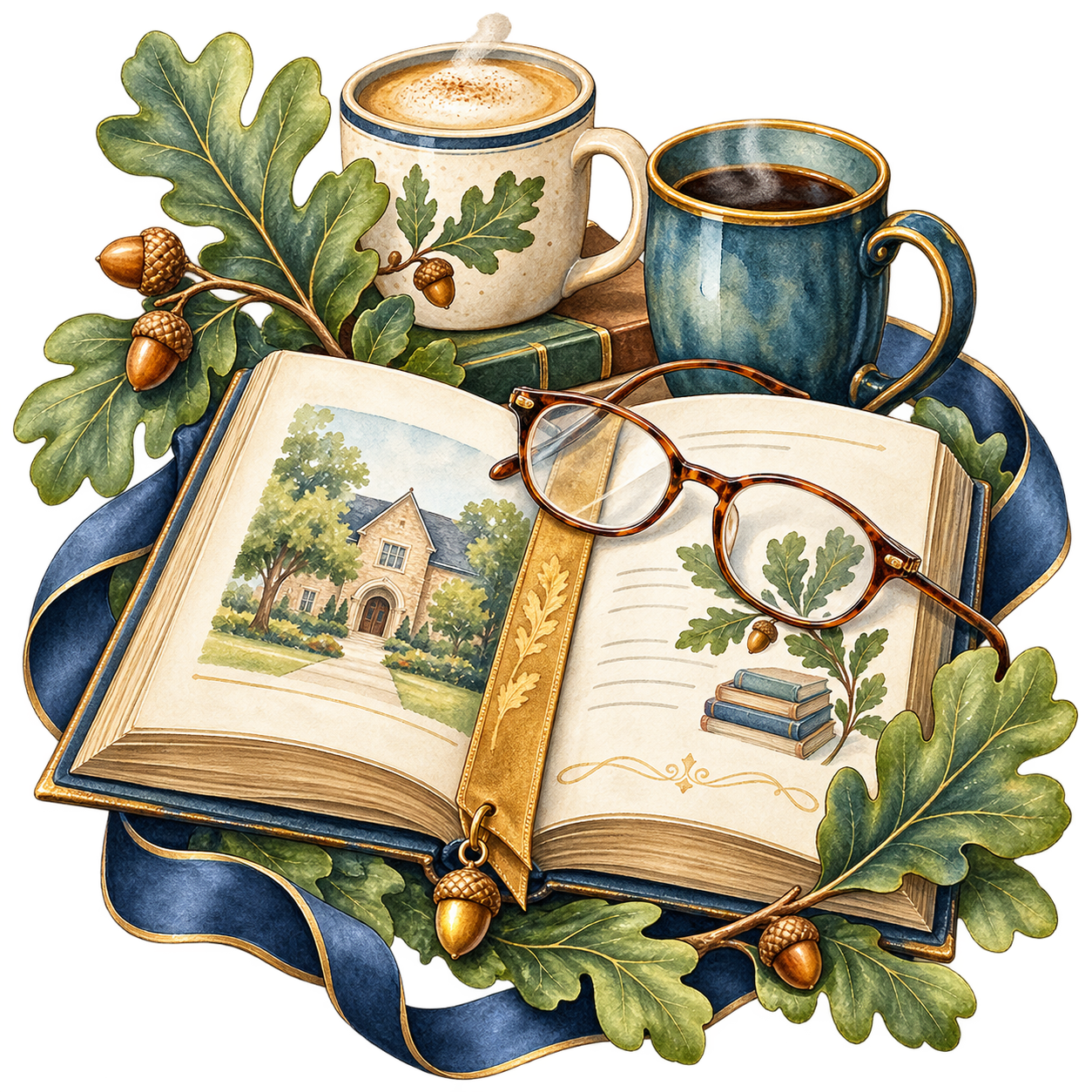 Watercolor planning book, glasses, mugs, oak leaves, and acorns