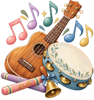 Watercolor ukulele, tambourine, bells, and musical notes