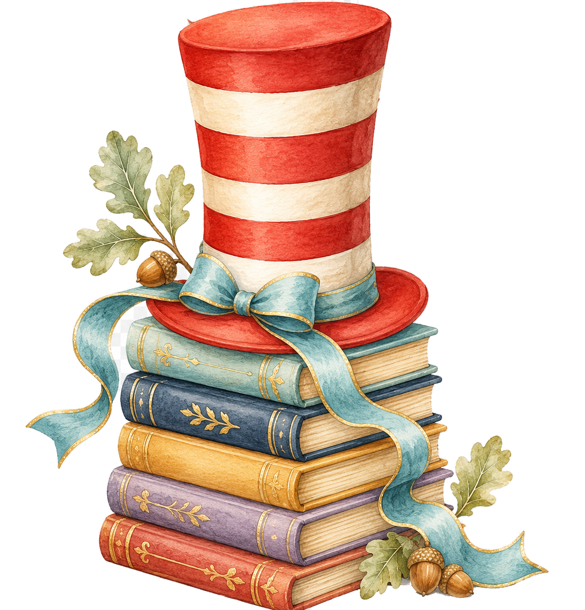 Watercolor striped hat, books, oak leaves, and acorns