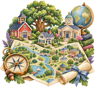Watercolor community map with homes, school, and town buildings
