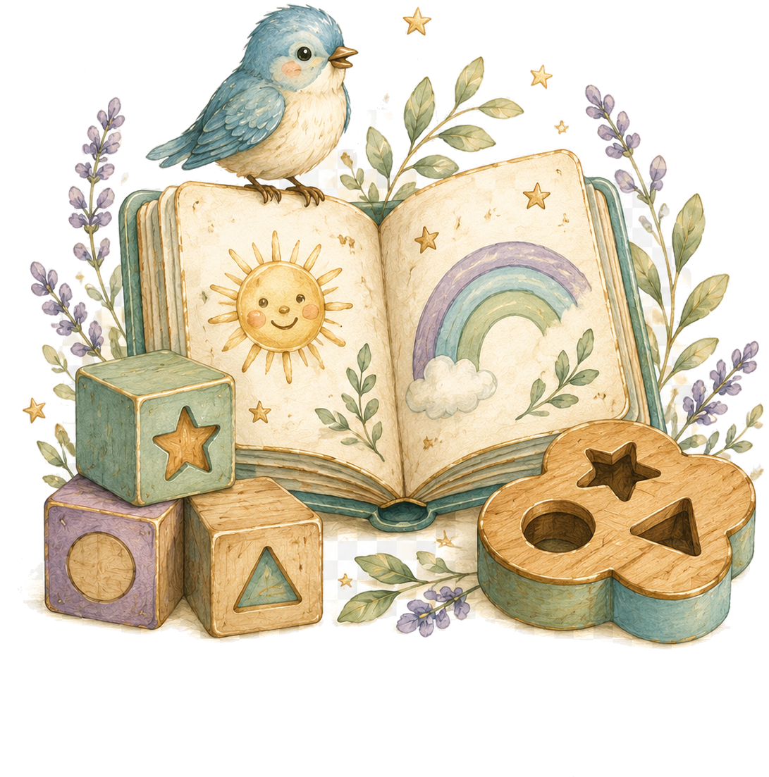 Watercolor little-learning book, blocks, rainbow, and bluebird
