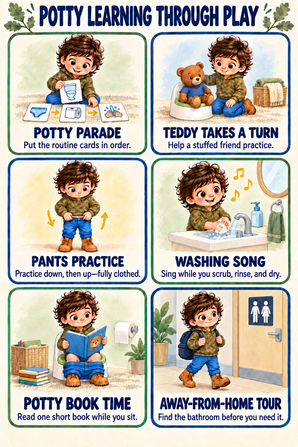 Six illustrated potty learning through play activity cards.