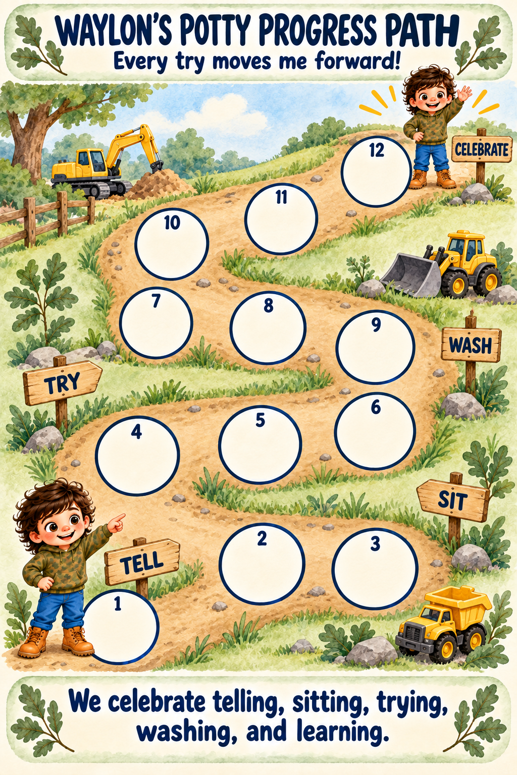 Twelve-stop illustrated progress path for celebrating potty learning attempts.