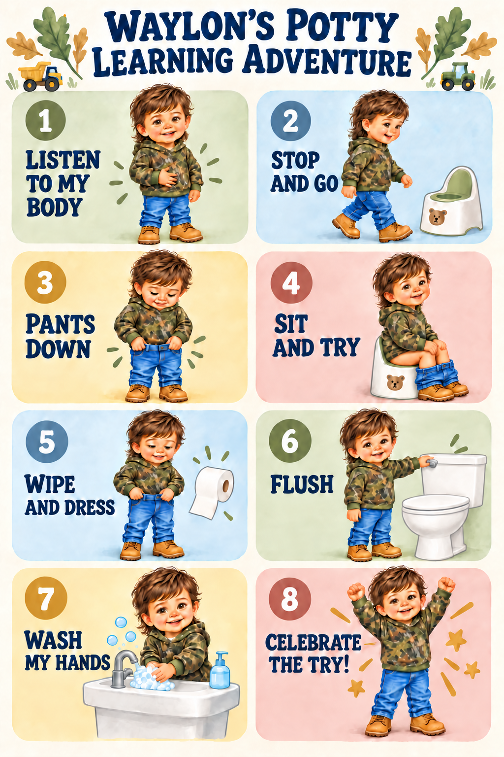 Waylon's illustrated potty learning adventure poster