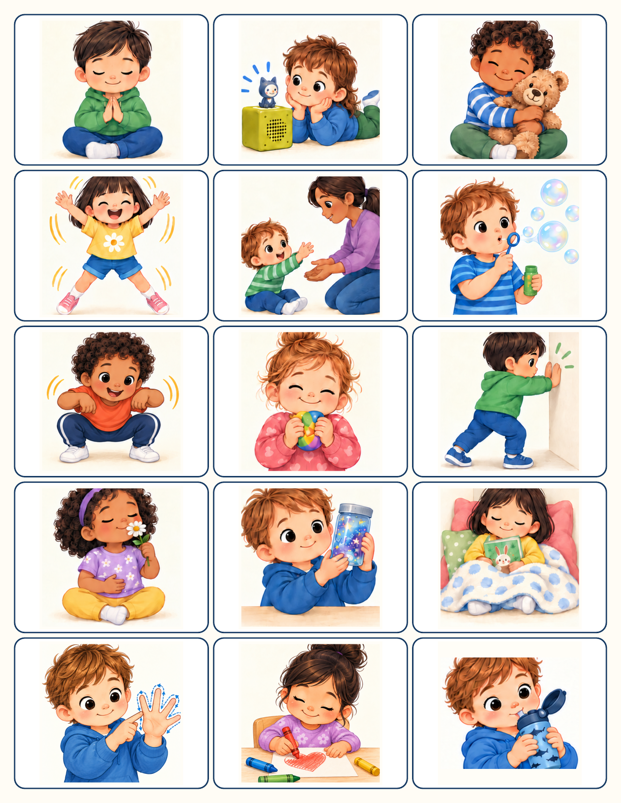 Fifteen illustrated calming choices on Waylon's vertical self-regulation poster