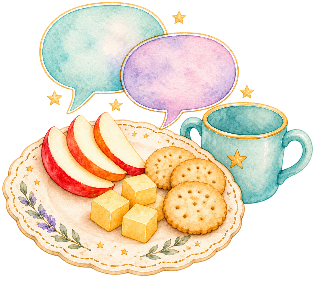 Watercolor snack plate, cup, and conversation bubbles
