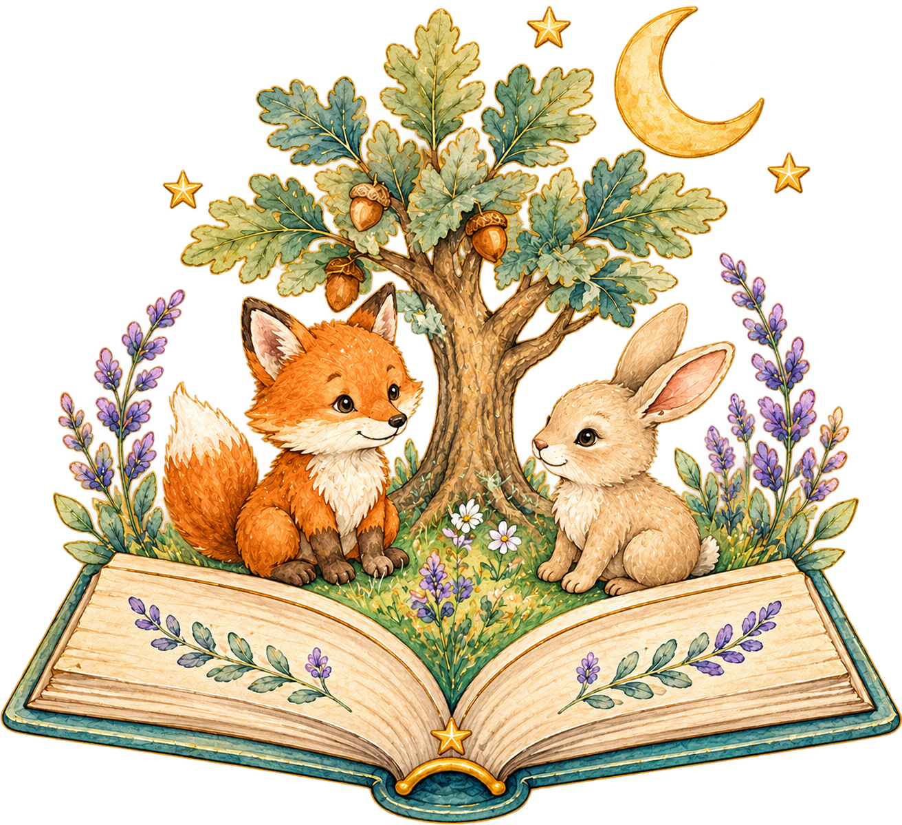 Watercolor storybook with a fox, rabbit, oak tree, moon, and stars